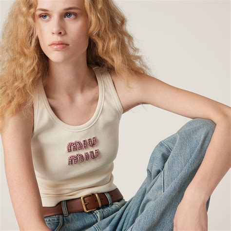 miu miu ribbed jersey top|Tan / Pink Ribbed Jersey Top .